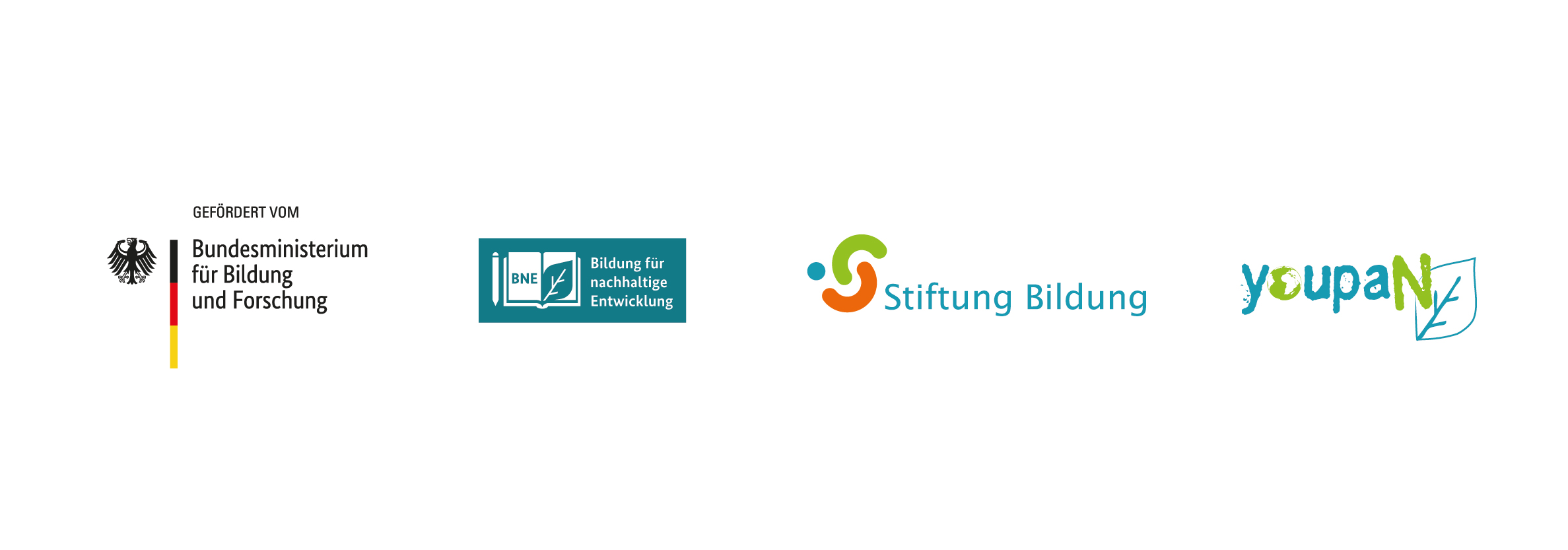 Logos des BMBF, der BNE-Gremien, der Stiftung Bildung, des youpaN