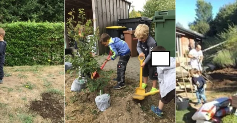 Foto mit Kindern und ihren Eltern, die Bäume im Kindergarten einpflanzen